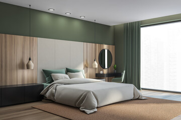 Wooden green bedroom interior with bed on parquet floor, window with curtains
