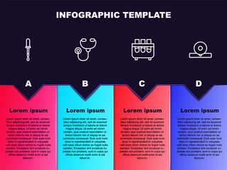 Set line Pipette, Stethoscope, Test tube and flask and Otolaryngological head reflector. Business infographic template. Vector