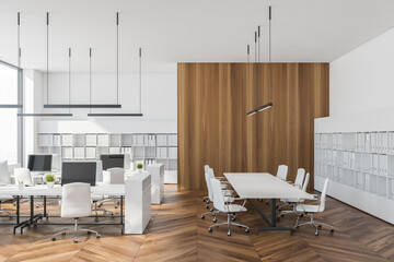 White open space office with meeting room interior