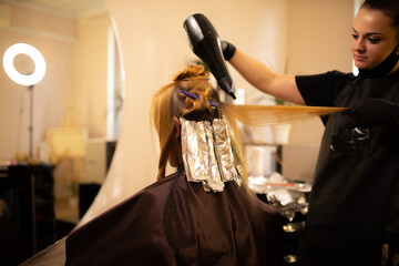 coloring hair, Hair dyeing. Young professional hairdresser applies hair dye to a female client.