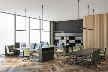 Panoramic grey open space office with meeting room corner