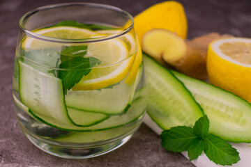 Saasi water. Water with lemon, cucumber, mint and ginger. Slimming drink.