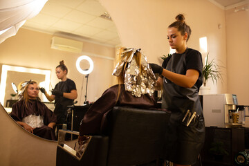 coloring hair, Hair dyeing. Young professional hairdresser applies hair dye to a female client.