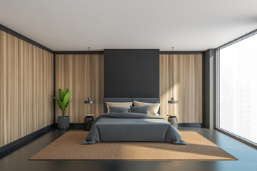 Wooden and grey panoramic master bedroom interior