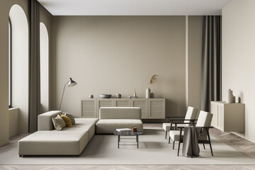 Light living room interior with armchair and sofa, drawer and windows