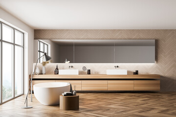 Fototapeta na wymiar Panoramic white and wooden bathroom interior, tub and double sink