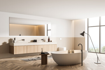 Obraz na płótnie Canvas Bathtub and sink with mirror in wooden bathroom interior with window