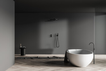 Fototapeta na wymiar Bathroom interior with shower and bathtub on parquet floor