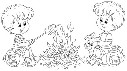 Little boy-scouts with a small pup in a forest camp, friendly smiling, talking and roasting bread on campfire, on summer vacation, black and white outline vector cartoon illustration - obrazy, fototapety, plakaty