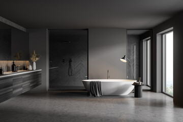 Gray and glass bathroom interior with tub, sink and shower stall