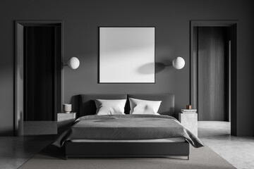 Grey minimalist bedroom interior with bed and linens, mockup poster