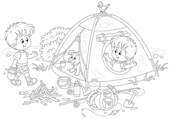 Cheerful little boys tourists with a merry pup in their forest camp by a small lake on summer vacation, black and white outline vector cartoon illustration for a coloring book page