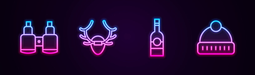 Set line Binoculars, Deer antlers on shield, Bottle of vodka and Winter hat. Glowing neon icon. Vector