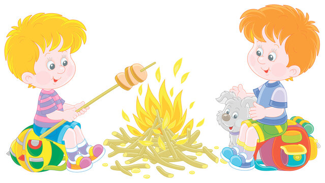 Little boy-scouts with a small pup in a forest camp, friendly smiling, talking and roasting bread on campfire, on summer vacation, vector cartoon illustration isolated on a white background