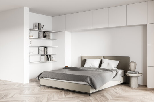 Stylish minimalistic white bedroom corner