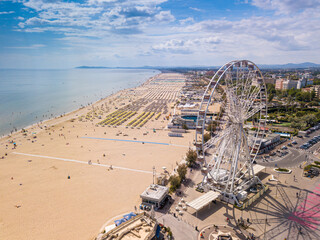 Italy June 2021, aerial view of the Romagna Riviera starting from the Rimini Ferris wheel