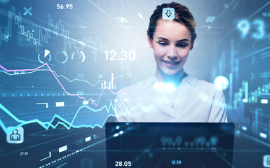Businesswoman working with laptop, digital hud with digital market icons