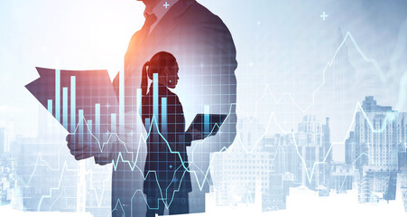 Businessman with papers, woman with laptop, graph chart with lines and city buildings