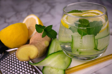 Water with lemon, cucumber, mint and ginger. Saasi water. for weight loss.