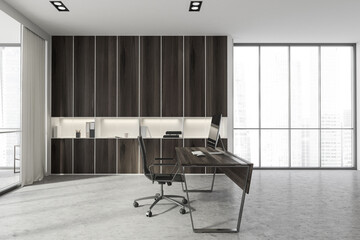 Stone and wooden CEO office interior with table, computer and bookcase, side view