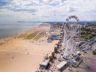 Italy June 2021, aerial view of the Romagna Riviera starting from the Rimini Ferris wheel