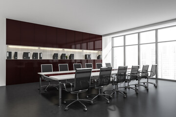 White and brown panoramic office meeting room corner
