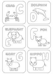 English C-H alphabet family kids game. Coloring pages with animals and letters that can be used for learning, education, relax, childish games. Vector cartoon doodle illustrations for print