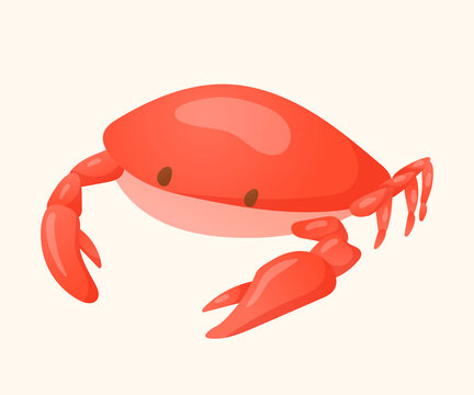 Cartoon summer icon of red crab or lobster character with claws. Isolated picture of a sea or river mollusk on a white background.