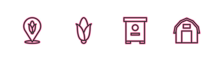 Set line Location corn, Hive for bees, Corn and Farm house icon. Vector