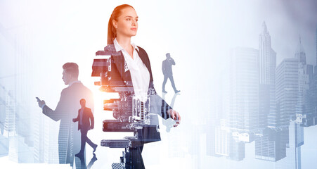Businesswoman and teamwork in international company, skyscrapers background