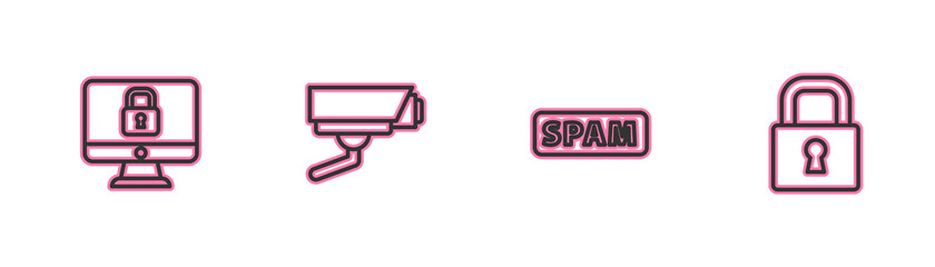 Set line Lock on computer monitor, Spam, Security camera and icon. Vector