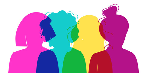Women Silhouette of different cultures and nationalities standing together. The concept of the female empowerment movement and gender equality.