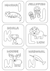 English I-N alphabet family kids game. Coloring pages with animals and letters that can be used for learning, education, relax, childish games. Vector cartoon doodle illustrations for print