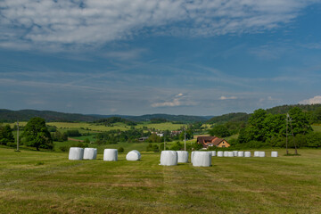 Meadows and fields between Vacov and Ckyne towns in Sumava mountains