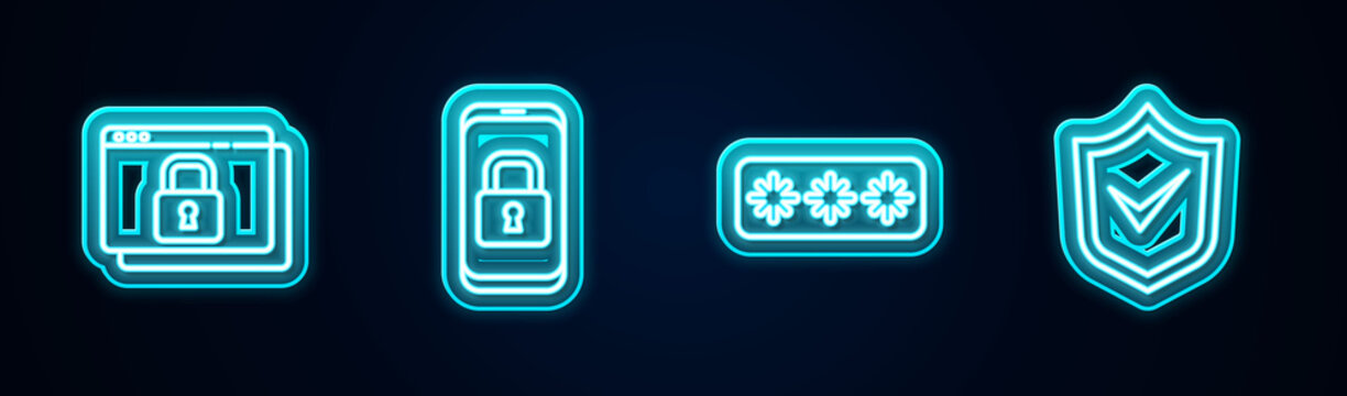 Set line Secure your site with HTTPS, SSL, Mobile closed padlock, Password protection and Shield check mark. Glowing neon icon. Vector