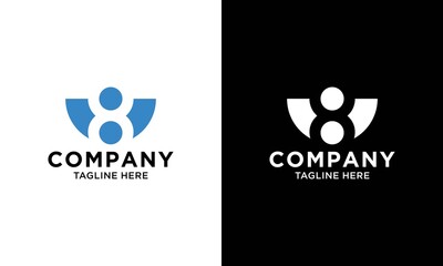 Blue and white number eight logo template made of abstract shapes, vector illustration isolated on a white background.