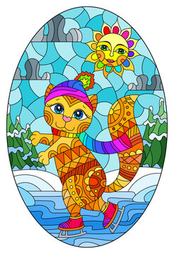 Stained glass illustration with a cute cartoon cat on skates against a winter landscape, oval image 