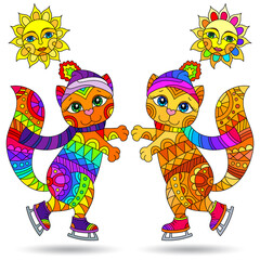 A set of illustrations in a stained glass style with cute cats on skates, bright animals on a white background