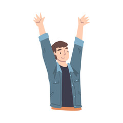 Smiling Boy Standing with his Hands Raised, Happy Male Person Having Fun or Celebrating Success Cartoon Vector Illustration
