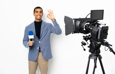 Reporter African American man holding a microphone and reporting news over isolated white...