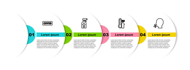 Set line Corona virus covid-19, Liquid antibacterial soap, High human body temperature and Man coughing. Business infographic template. Vector