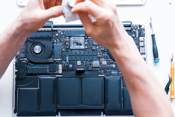 Technology maintenance hardware from man engineer. Repair computers. Electronic technician pc service flat lay.