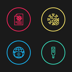 Set line Earth with medical mask, Medical thermometer, Positive virus and Clipboard blood test results icon. Vector