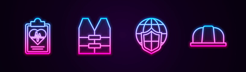 Set line Health insurance, Life jacket, Shield with world globe and Worker safety helmet. Glowing neon icon. Vector