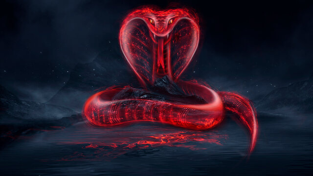 Mystical snake, red neon light. Dark fantastic landscape, night view, light reflection in the water. A terrible big snake goes around the island in the dark. 3d illustration 