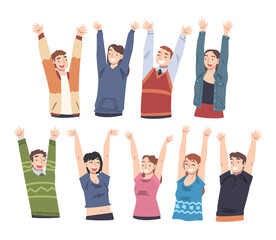 Set of Cheerful People Standing with their Arms Raised, Happy Young Women and Men Having Fun or Celebrating Success Cartoon Vector Illustration