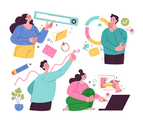 People man woman characters doing business internet online activities. Teamwork concept. Vector flat isolated modern style set 