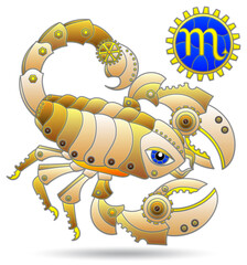 Illustration in the style of a stained glass window with a zodiac signs scorpio, figure isolated on a white background