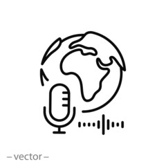 world podcast icon, microphone with globe, international radio day, global mass media, sound broadcast, thin line symbol on white background - editable stroke vector illustration eps10
