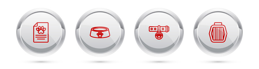 Set line Clinical record pet, Pet food bowl, Collar with name tag and carry case. Silver circle button. Vector